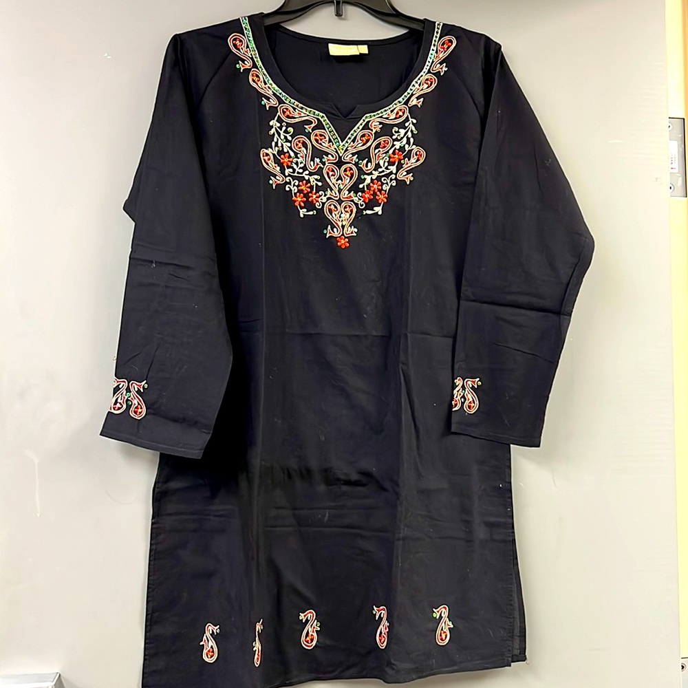 VIVA  Cotton Tunic Top Kurta Womens Large Black Embroidered Front Long Sleeves
